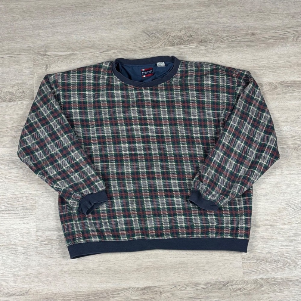 Bugle Boy Sweater Mens Large Multi Plaid Crewneck Cotton Vintage 90s